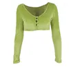 T-shirts Femmes Femmes Sexy Vert Y2K Col V profond Boutonné Couper à manches longues Courtes Tops Mode Printemps Automne Tees Fluffy World