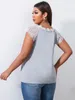 Women's Plus Size TShirt Grey 4XL Lace T Shirt's Short Sleeve V Neck Curvy Oversized Blouses 2023 Summer Casual Solid Female Tops 230324