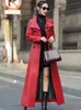 Jackets femininos Nerazzurri Autumn maxi Red PU Couather Casat para mulheres Cinturão de manga comprida Bedida dupla elegante Luxury Runway Fashion 2023 230324