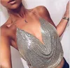 Tanks Femmes Femmes Métal Paillettes Camisoles Sexy Chaîne Dos Nu Halter Crop Tops Party Dance Club Wear Lady Ruched Deep V Streetwear