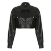 Women's Jackets SUCHCUTE Punk Style Black Leather Bomber Motorcycle Button Up Lapel Crop Women Wide Long Sleeve Gothic Clothes 230324