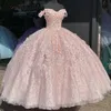 Vestidos de quinceañera de princesa rosa con hombros descubiertos y capa envolvente corsé con cordones Vestidos de cuentas de flores 3D 16 Vestidos de fiesta de graduación
