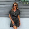 Casual Dresses Office Lady Boho Dot Print Shirt Dress Women Summer Clothing Green Bow-Knot Short Sleeve Outfit Loose Chiffon Mini