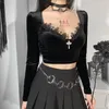 Womens TShirt Goth Black Long Sleeve Corset Crop Tops Women Aesthetic Sexy VNeck Velvet Lace Mesh TShirts Y2K Harajuku Vintage Fashion 230323