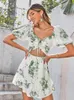 Casual Dresses Summer The Cutout Puff Sleeves Tie Print Green Corset Dress Ruffles Holiday Women's Mini Beach Tank Top Sexy