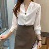 Women's Blouses Korean Style Fashion V-neck Button Women Blouse Shirt Spring Autumn Elegant Office Lady Shirts Female Long Sleeve Tops