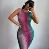 Casual klänningar wjfzqm sexig ärmlös sommarkvinna sundress klänning rand trycket ruched party bodycon club bär vestidos för kvinnor