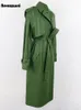 Kurtki damskie nerazzurri jesienne długie zielony płaszcz z zielonego skórzanego płaszcza dla kobiet szarfy pojedyncze stylowe luksusowe designerskie ubrania 230324