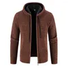 Men's Sweaters 2023 Winter Coat Men Cardigan Zipper Closure Solid Color Long Sleeves Drawstring With Hat Keep Warm Casual Thicken Plush