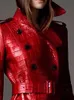 Kvinnorjackor Lautaro Autumn Long Red Print Leather Trench Coat for Women Belt Double Breasted Elegant British Style Fashion 230324