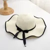 Wide Brim Hats Women Bowknot Straw Weave Wavy Sunscreen Outdoor Beach Sunhat Cap HatWide