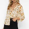 Damesblouses dames shirts vintage print chiffon dames tops kantoor dame werk plus size casual losse sexy v-neck blusas beige