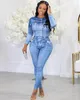 2023 Denim Blue Two Piece Sets Outfits Femmes Casual Top and Pant Set Slim Costumes Wear Free Ship