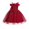Flickaklänningar 2023 mode barnkläder klänning röd prinsessa ett axelbröllop