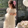 Flickaklänningar 2023 Baby Girls Summer Dress for Kids White Puff Sleeve Layers Lolita Shiny paljetter Tutu Party Birthday Vestido Costume