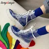 Mode Frauen Regen Stiefel Reife Damen Lace-up Wasserdichte Schuhe Transparent Candy Farbe Sohlen Outdoor Mädchen 0324