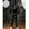 Herren Leder Faux Pu Helle Motorrad Sportbekleidung Schwarz Kapuze Langarm Jacke Hosen Set Mode Lose Casual Anzug 230324