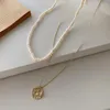 ALLME – collier français Double couche de perles d'eau douce naturelles pour femmes, ras du cou, couleur or, pendentif en pièce de monnaie, bijoux