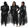 Plus storlek klänningar somo nya kvinnor kläder läder lapptäcke mesh svart långärmad chic maxi klänning grossist dropshipping 230307