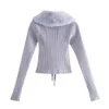 Kobiety koszulki dla kobiet xasy vintage solidne streetwear zdejmowany futrzany kołnierz Sweter Swater Sweet Knitted Cardigan V Szyfr Slim Short Tops 230324