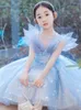 Girl Dresses Fancy Children Girls Ruffles Shoulderless Party Gown Silver Blue Bling Tiered Princess Performance Clothing