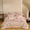 Set di biancheria da letto rosa 1000TC cotone egiziano rose fiori ricamo principessa set fiocco volant copripiumino lenzuolo federe 4 pezzi