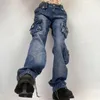 Женские джинсы 2000 -х годов ретро -синие карманы с низким ростом джинсовые брюки Y2K Эстетическая гранж Бэк -брюк корейская модная винтажная уличная одежда 230324