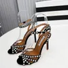 Aquazzura Rhinestones Tequila 105 Sandal PVC 힐 스틸레토 힐 크로스 오픈 발가락 여성의 고급 가죽 아웃솔 이브닝 파티 신발 10cm 공장 신발