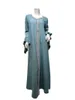 Ethnic Clothing Abaya Dress Jalabiya for Women Fashion Flare Sleeve Ribbon Muslim Loose Robe Kafatan Moroco Arabic Blue White 230324