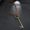 Pendant Necklaces Vintage Retro Long Chain Key Necklace Alloy Adjustable Bronze Genuine Leather Punk Choker For Women Men Fashion Jewelry