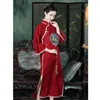 Abbigliamento etnico ChiNian Stile cinese Cotone Lino Colletto alla coreana Jacquard Abito da sposa rosso Qipao Per le donne Moda Vintage Cheongsam Toast