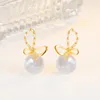 Stud Earrings Real 14K Gold Pearl Earring Females Round Aros Mujer Oreja Orecchini CN(Origin) Yellow Gemstone