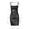 Casual Dresses #4617 Backless Faux Leather Dress Slash Neck Sexy Pencil Party Sleeveless PU Spaghetti Strap Mini Tight