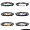 Beaded Black Hematite Strands Stone Lava Rock Armband Alloy Gold Plated Sier Skl Lion Owl For Women Men Armband Bangles Jewelry D Dhjyb