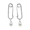 Boucles d'oreilles Simple Classique Femmes Bijoux Clair Cz Pavé Goupille De Sûreté Trombone Boucle D'oreille Avec Perle De Mer Fraîche Charme Pour Fille Cadeau