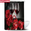Rideaux de douche Vin romantique rouge Rose rideau ensemble couvercle de toilette et tapis de bain saint valentin salle de bain avec crochets décor à la maison 230324
