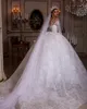 Luxuriöse arabische Ballkleid-Hochzeitskleider aus Dubai mit langen Ärmeln, Vintage-Spitze, Applikationen, Perlen, Brautkleider, Kristalle, Roben, nach Maß, Übergröße BC15496