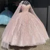 Vestidos de quinceañera de princesa rosa con hombros descubiertos y capa envolvente corsé con cordones Vestidos de cuentas de flores 3D 16 Vestidos de fiesta de graduación