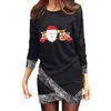 Casual Dresses 2023 Elegant Dress Women's Round Neck Long Sleeve Irregular Hem Christmas Print Vestido Navidad Mujer