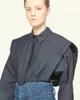 Women's Blouses Women's & Shirts Oversized Woman Cotton Blouse Navy Blue Beige Shoulder Padded Long Sleeves Front Buttons Fashion Tops