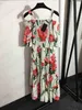 Summer Womens Dresses Floral Print Front Elastic Pleated Design One-line Shoulder Sling Dress Back Zipper Open Big Hemlines Resort Style Maxiskit Designer Dress