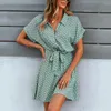 Casual Kleiderbüro Lady Boho Punktdruck Hemd Kleid Frauen Sommer Kleidung grüne Bogenknoten Kurzarm Outfit Lose Chiffon Mini