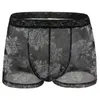 Mutande Boxer da uomo trasparenti Slip intimo Fiore stampato in pizzo Trasparente Mutandine traspiranti Lingerie sexy Vita bassa maschile