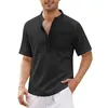 Erkekler Sıradan Gömlekler 2023 Erkek Keten V Boyun Düğmeleri T Polo Erkek Düz Renk Kısa Kollu Pamuk Tshirt Üstler Erkek Giyim