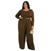 Pantalons grande taille pour femmes femmes deux pièces ensembles couleur unie tricoté hauts à manches longues avec pantalon mode décontracté grand costume féminin Simple 230324