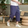 Calça masculina linho de algodão japonês harem verão respirável cortada para fitness de cintura elástica casual 230324