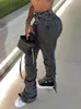 Damesjeans sifreyr grijs gesplitste ruches gestapelde pant kleding streetwear streetwear rits omhoog hoge taille potlood baddie stijl y2k denim broek 230324