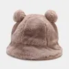 Cute Plush Bucket Hat Female Soft Winter Thickened Fur Warm Fisherman Hat Bear Ear Solid Color Cap HCS265