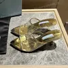 Designer Sandals Women Sandal Triangle Printed Plexiglass Heels O Slides Chunky High Heel Golden Sier Metallic Leather Insole Slippers