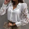 Kvinnors blusar 2023 Spring White Sexig spetsar Håliga ut kvinnor Blus Black Vintage Button Up Shirts Top Long Sleeve Mesh Design Kvinnliga toppar